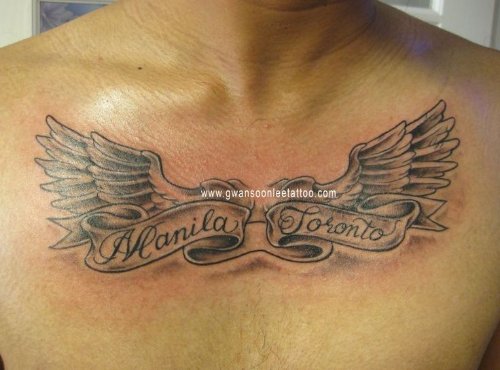 Grey Ink Angel Winged Banner Chest Tattoo